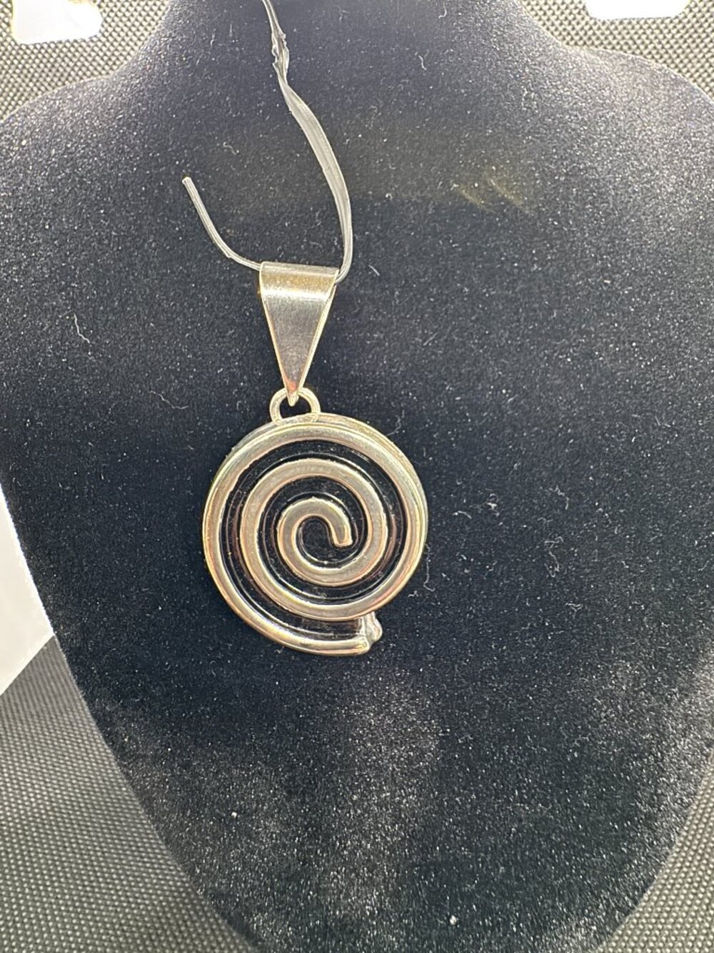 Modern Silver Tone Black Enamel Spiral Swirl Pendant